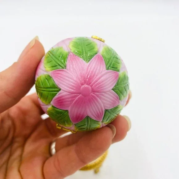 Vintage Porcelain Egg Hummingbird Club Floral Trinket Box w/ Gold Colored Stand - Picture 6 of 9